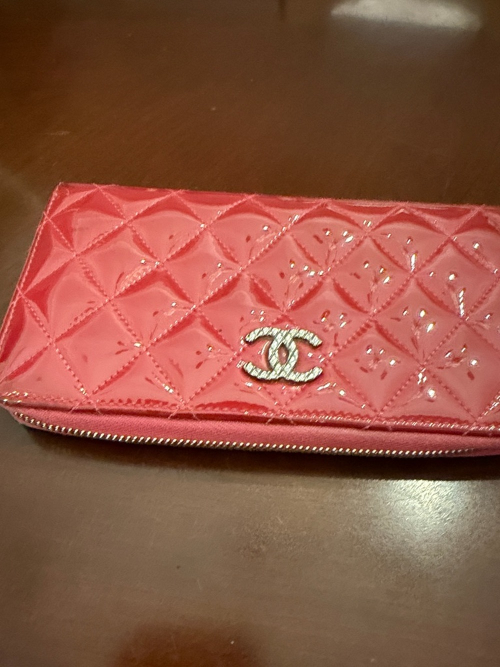 CHANEL Quilted Patent Wallet in Glossy Red with CC Logo